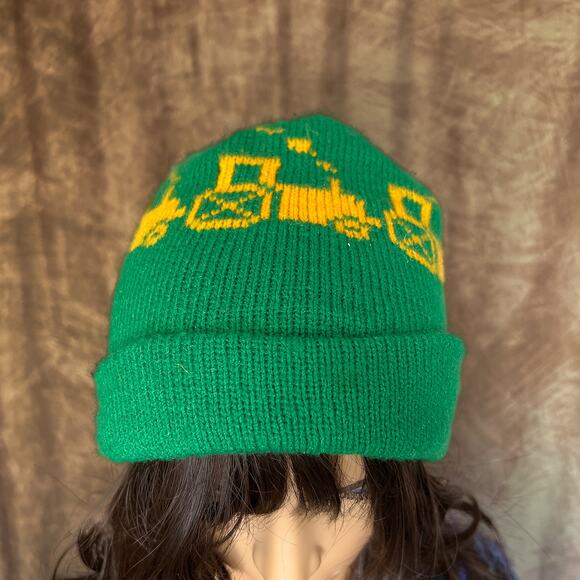 Tractor Print Stocking Cap Beanie Knit Green Yellow One Size Farmer Winter - Picture 4 of 6